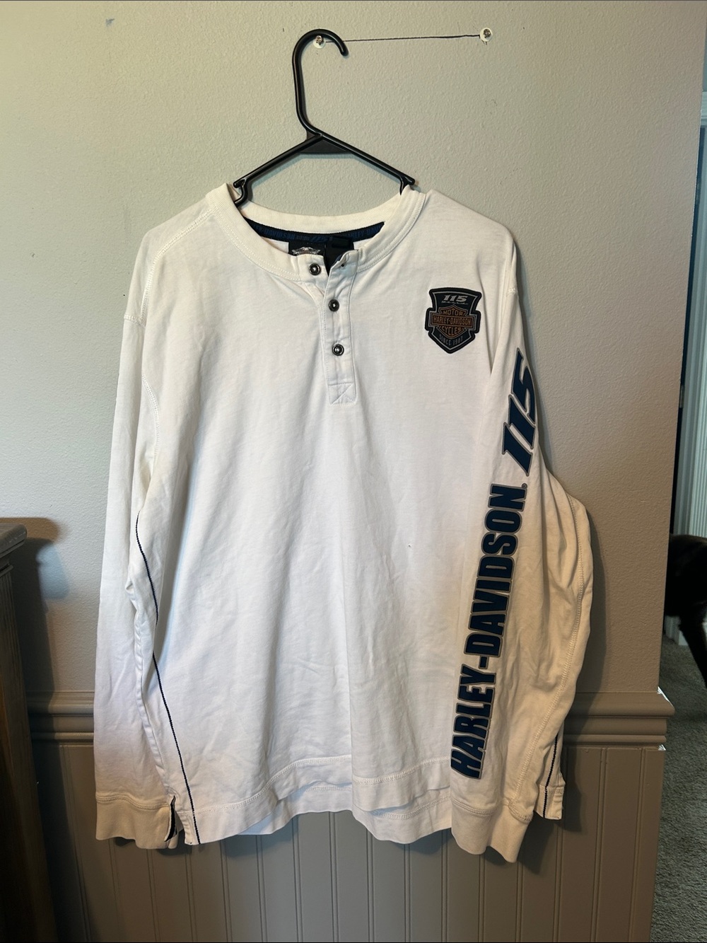 Harley-Davidson White Long-Sleeve Henley with Navy Sleeve Script